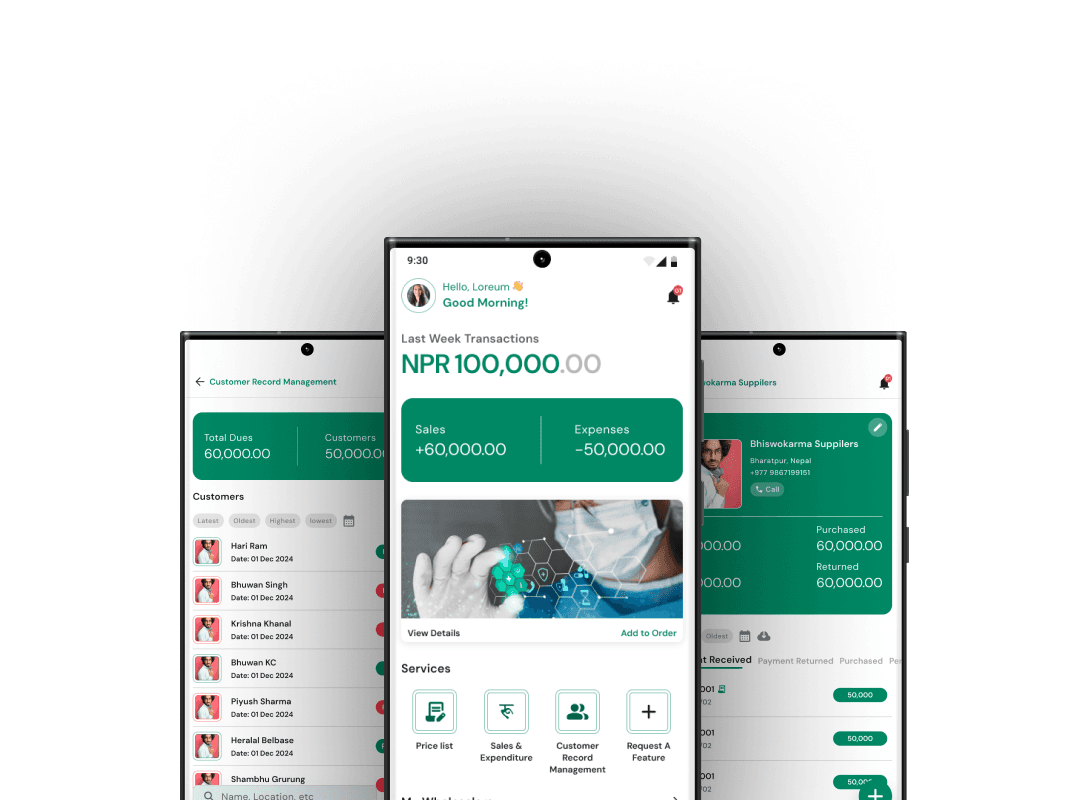 Mero Pharmacy Manager app screens across sales, inventory, and customer management