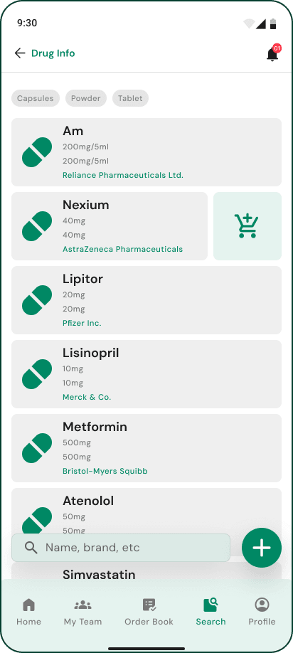 Mero Pharmacy Manager drug search and medicine detail screen