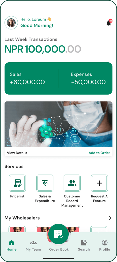 Mero Pharmacy Manager home screen with weekly NPR totals, services grid, and bottom navigation
